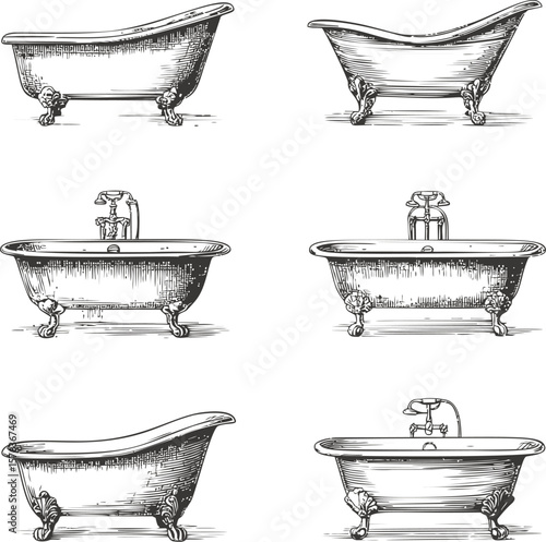 Vintage clawfoot bathtub drawings in black and white, retro collection. Vector illustration