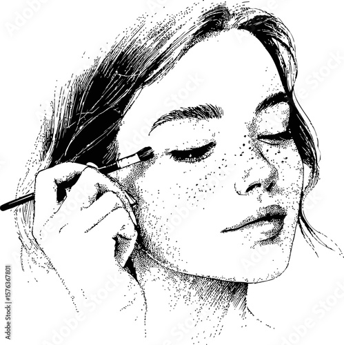 Black and white sketch of a woman applying makeup with a brush, elegant style. Vector illustration