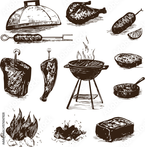 Vintage barbecue grill and food elements in sketched black and white. Vector illustration