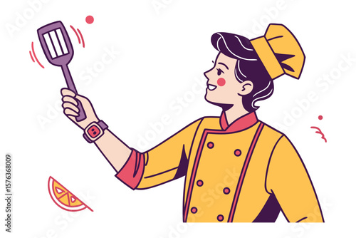 Culinary Maestro: A cheerful chef, brimming with expertise, brandishes a spatula with flair in a dynamic illustration, exuding passion and culinary excellence.