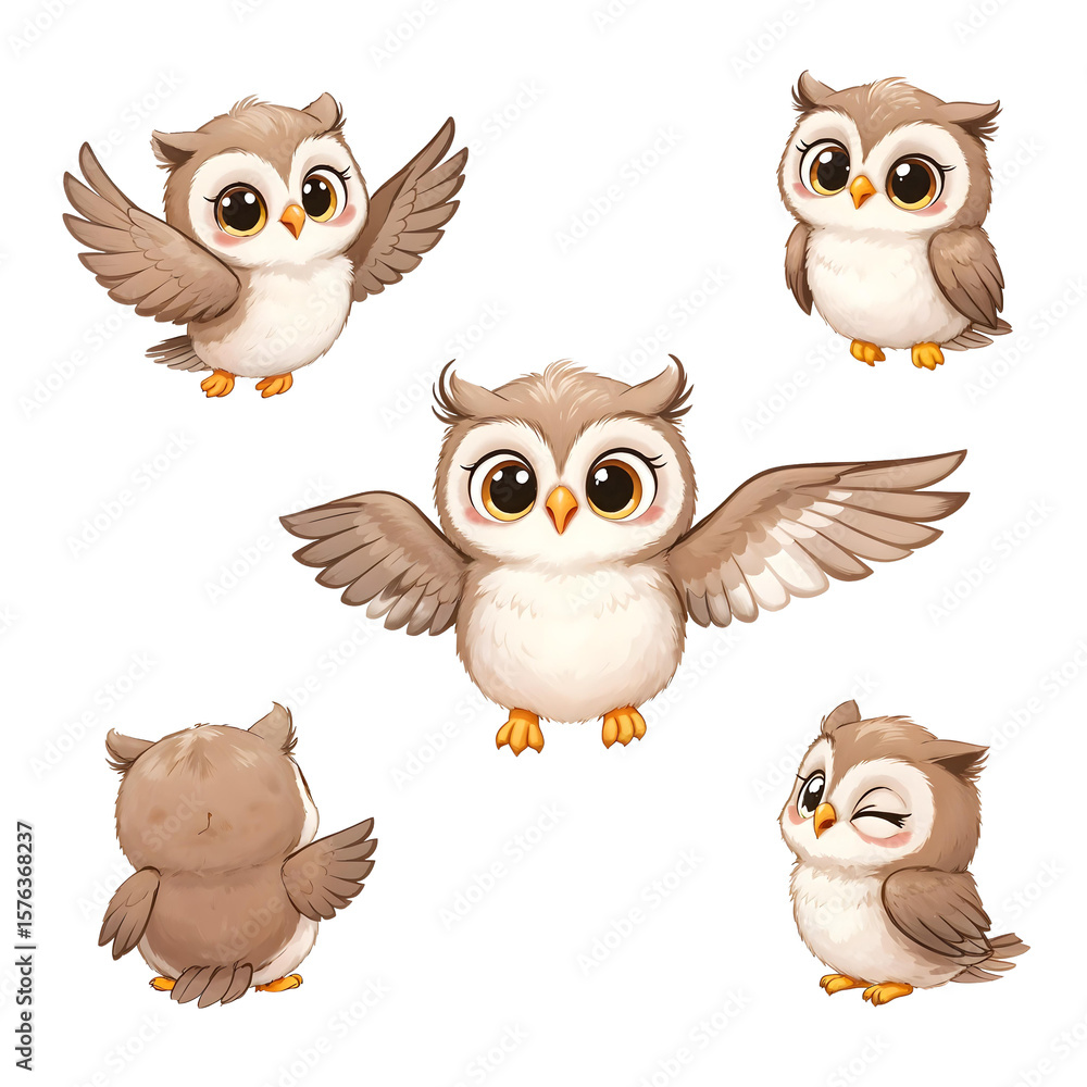 Fototapeta premium Owlets' Aerial Dance: A heartwarming collection of adorable owlets playfully spread their wings in a delightful dance. Illustrating a pure blend of cuteness and charm. 