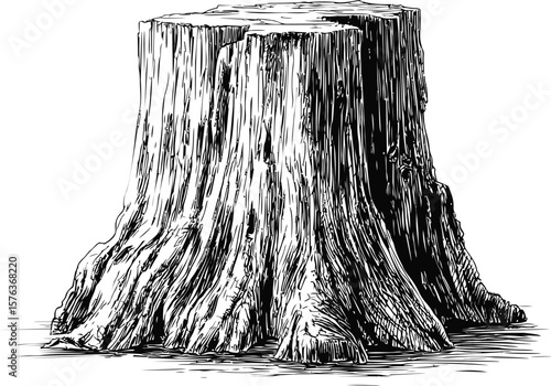 Detailed black and white illustration of a tree stump with texture sketch lines. Vector illustration