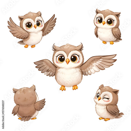 Wallpaper Mural Owlets' Aerial Dance: A heartwarming collection of adorable owlets playfully spread their wings in a delightful dance. Illustrating a pure blend of cuteness and charm.  Torontodigital.ca