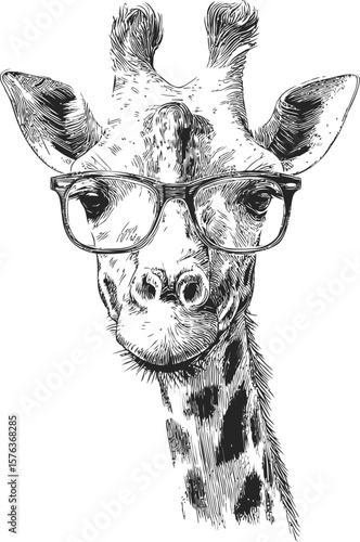 Giraffe wearing glasses in sketch style, whimsical animal portrait. Vector illustration