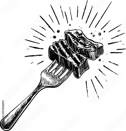 Fork holding sizzling bacon slices sketch with dynamic lines depicting energy. Vector illustration