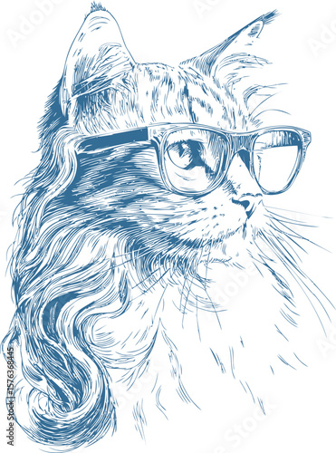 Illustration of a stylish cat in glasses with long hair in blue sketch style. Vector illustration