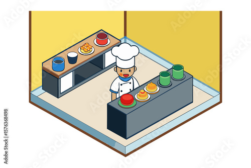 Chef's culinary corner: A cheerful chef, smartly dressed, stands in his meticulously designed kitchen. The counter is adorned with delectable sweets.