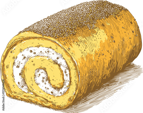 Illustration of a swiss roll with poppy seeds on top in a detailed sketch. Vector illustration
