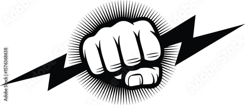 "Fist Punching Lightning Bolt Vector, Power and Energy Symbol.

