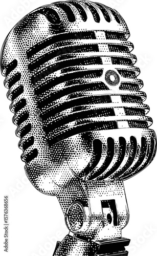 Vintage black and white microphone in detailed sketch style. Vector illustration