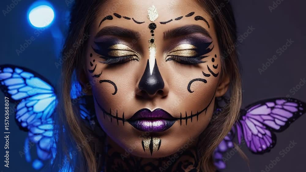 Close-up of Woman with Dramatic Fantasy Makeup and Butterfly Wings in Halloween Style Close-up of Woman with Dramatic Fantasy Makeup and Butterfly Wings in Halloween Style