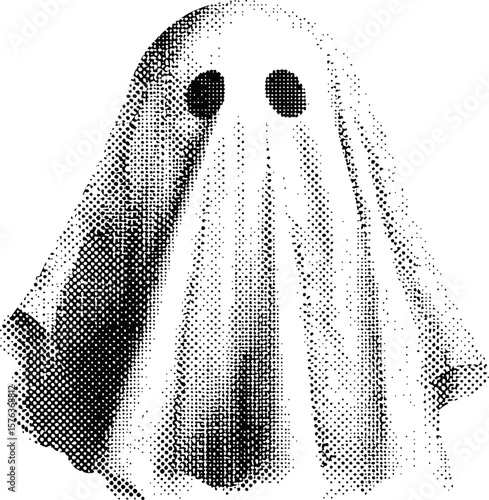 Ghostly black and white halftone image with eerie eyes peering through sheet. Vector illustration