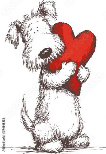 Adorable sketch of a scruffy dog holding a large red heart, cartoon style. Vector illustration