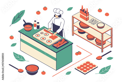 Culinary Creation: A skilled culinary professional meticulously prepares a delectable dish in a modern kitchen, showcasing the artistry of food preparation.