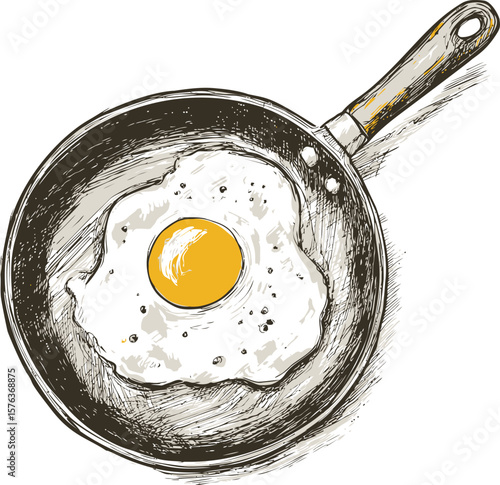 Illustration of a fried egg in a frying pan with detailed sketch lines. Vector illustration
