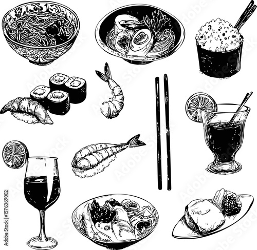 Japanese food illustration with sushi, ramen, and drinks in black and white sketch. Vector illustration