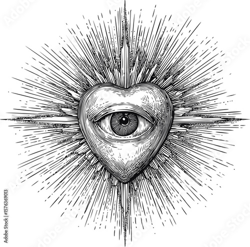 Intricate heart-shaped eye with radiating lines in black and white sketch style. Vector illustration