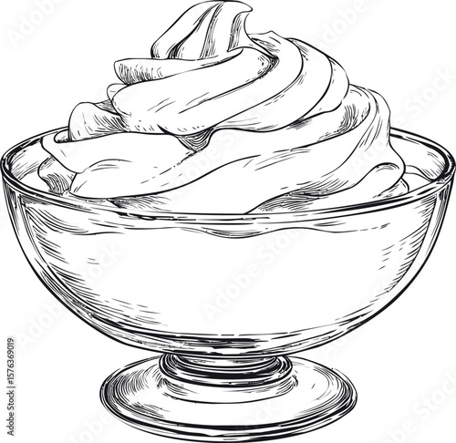 Line drawing of whipped cream in a glass bowl. Vector illustration