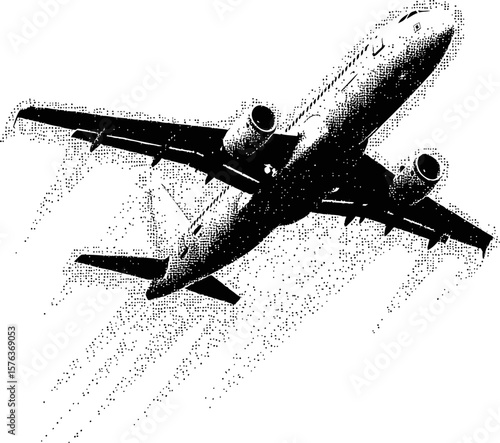 Silhouette of a passenger airplane soaring in black and white dot style. Vector illustration
