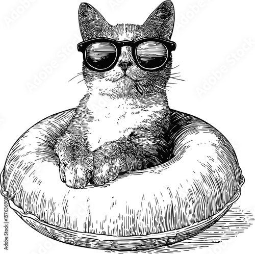 Cat in sunglasses lounging in a inflatable pool float, black and white sketch. Vector illustration