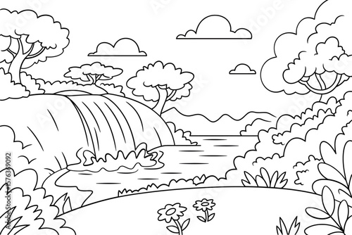 Vector art of a majestic waterfall cascades into a wide river surrounded by lush trees and mountains