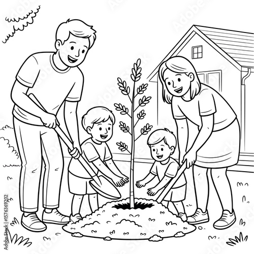 Vector art of a family plants a young tree in their yard near a house, with children helping