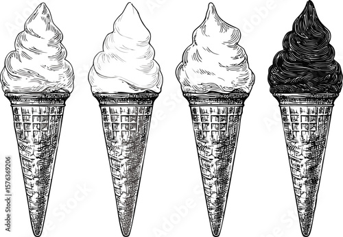 Set of  vintage ice cream cones with varying shades of ink sketch detail. Vector illustration