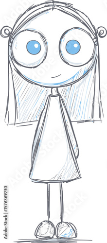 Sketch of a girl with big blue eyes and a simple dress, cartoon style. Vector illustration