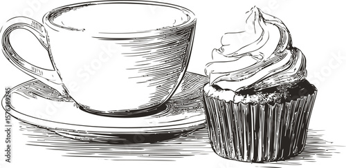 Sketch of a teacup and cupcake on a saucer with detailed line art. Vector illustration