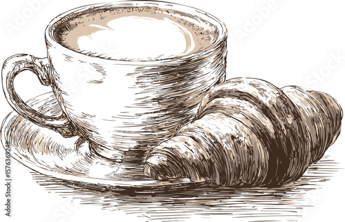 Vintage sketch of coffee cup with froth and croissant in sepia tone. Vector illustration