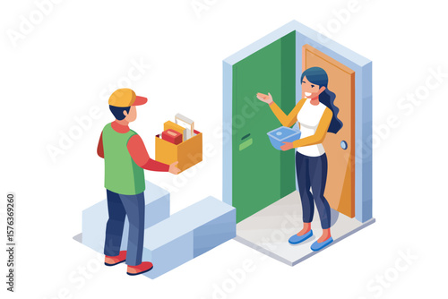 Express Delivery: A cheerful delivery person hands over a package to a happy recipient at the front door, capturing the essence of convenience and service.