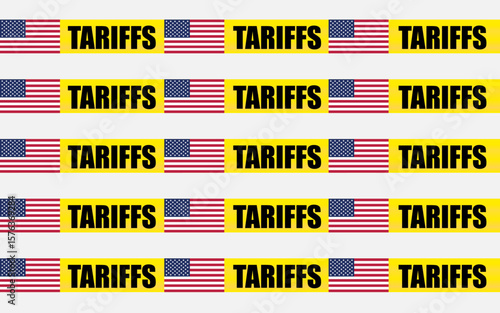 Tariffs warning tape with USA flag, tariff ribbon png image with USA flag