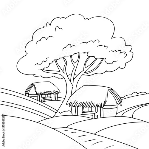 Vector art of a serene landscape with a large tree, rolling hills, and traditional huts with thatched roofs