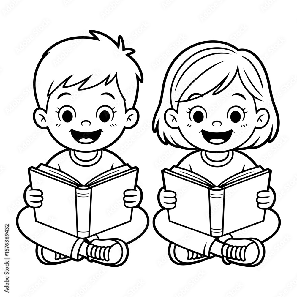 Vector art of two happy children, a boy and a girl, sit crosslegged and engrossed in reading their books Vector art of two happy children, a boy and a girl, sit crosslegged and engrossed in reading their books