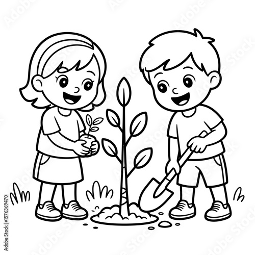 Vector art of a boy and a girl work together to plant a small tree in the garden, symbolizing growth and environmental care
