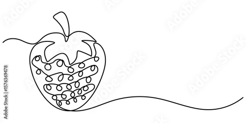 Continuous one line drawing single minimal strawberry, Vector strawberry with one line style and spots, Single continuous line drawing of organic strawberry for fruit icon fresh berries fruitage.    