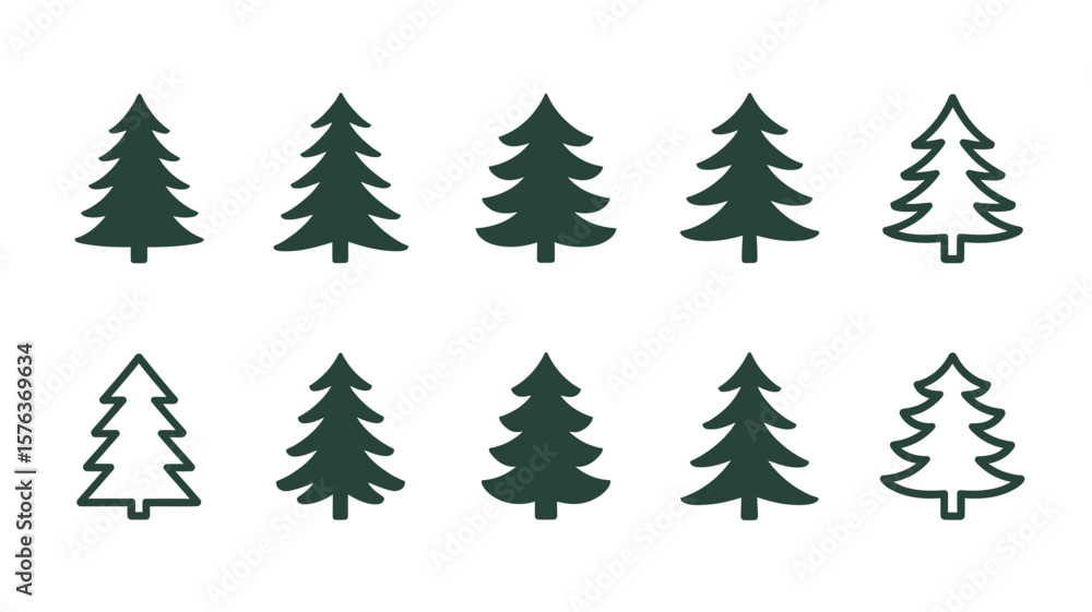 Obraz premium Vector art of a collection of ten stylized christmas trees in various green shades and outlines