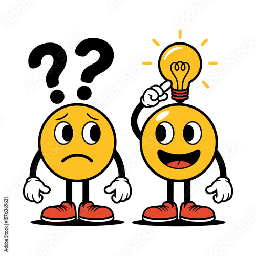 Vector art of a sad face with question marks transforms into a happy face with a bright idea