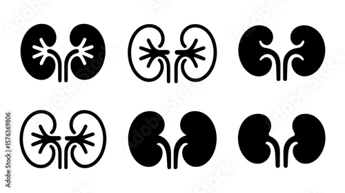 Vector art of a set of six kidney illustrations, varying in style and detail, presented on a white background