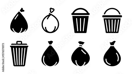 Vector art of a collection of black and white icons representing trash bags and garbage bins