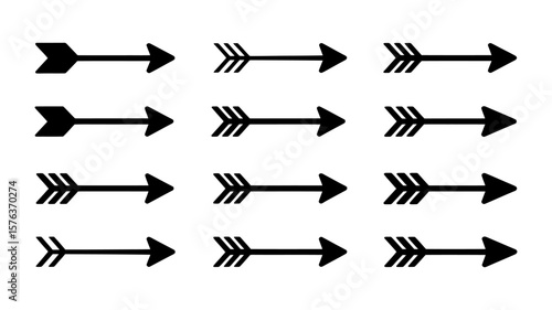 Vector art of an assortment of black arrows, each uniquely styled to represent direction and forward momentum