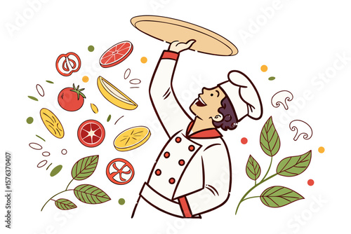 Chef's Culinary Art: A chef artistically tosses pizza dough, surrounded by fresh ingredients in a vector illustration. Celebrating food and culinary skill.