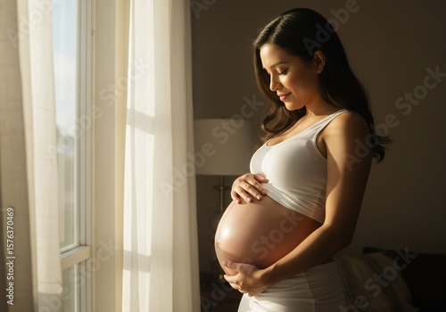 Pregnant Woman Silhouetted by Sunlight at Window