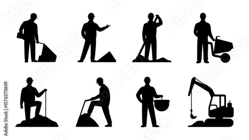Vector art of silhouettes of construction workers with materials and heavy machinery like excavators