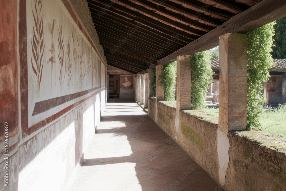 Sunlight illuminating corridor of domus of octavius quartio, pompeii, showing frescoes and garden Sunlight illuminating corridor of domus of octavius quartio, pompeii, showing frescoes and garden