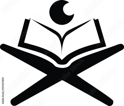 Black and White Quran Stand with Open Book and Crescent Moon Icon islam