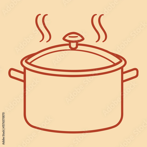 Red pot with steam on beige background cooking heat