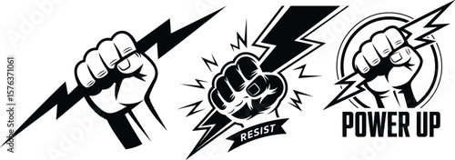 Fist with Lightning Bolt Vector Set, Power, Resistance, Energy Icons Collection.



