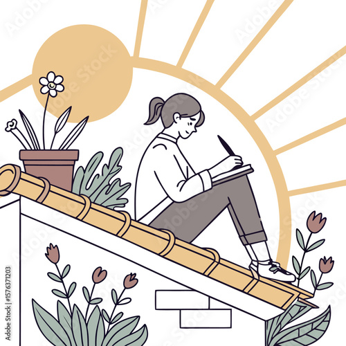 Woman with ponytail sitting on rooftop writing in notebook surrounded by plants and sunburst background