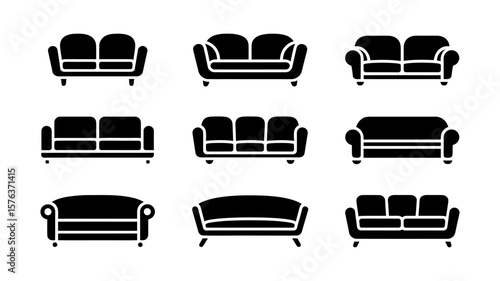 Vector art of a grid of nine black silhouette icons showcasing various styles of sofas and couches
